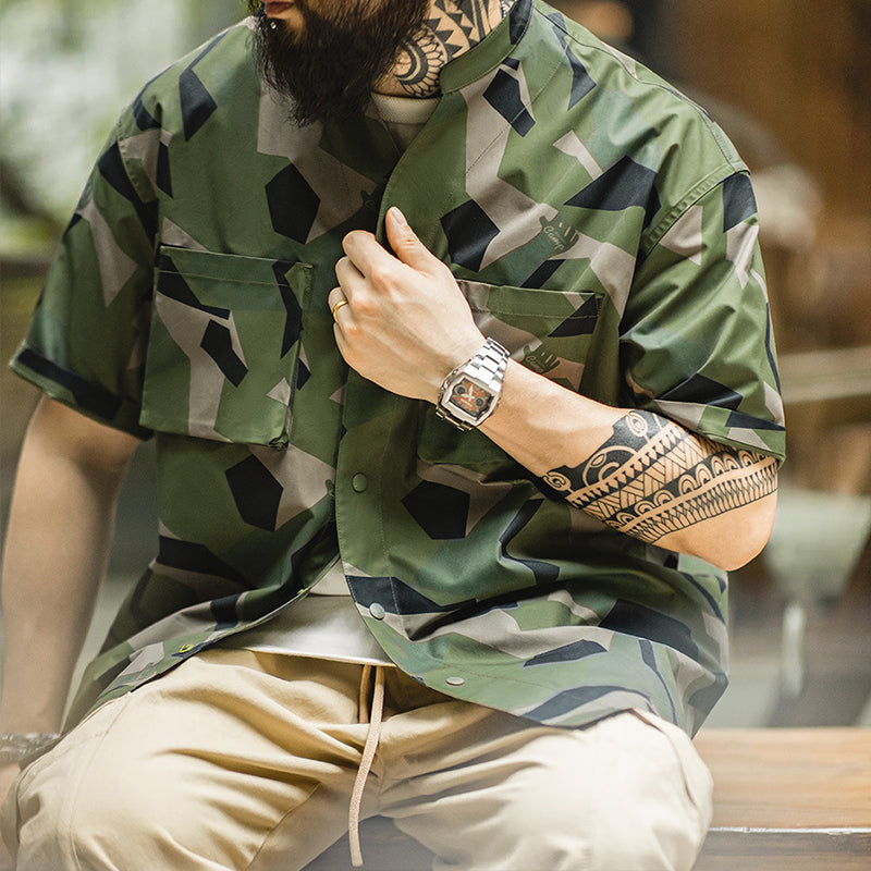 GEOMETRIC CAMOUFLAGE MILITARY MOUNTAIN CAMPING  SHORT-SLEEVE & SHORTS SUIT