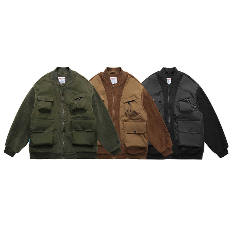 IMITATION SHERPA FAKE VEST PATCHWORK MULTI-POCKET COTTON COAT