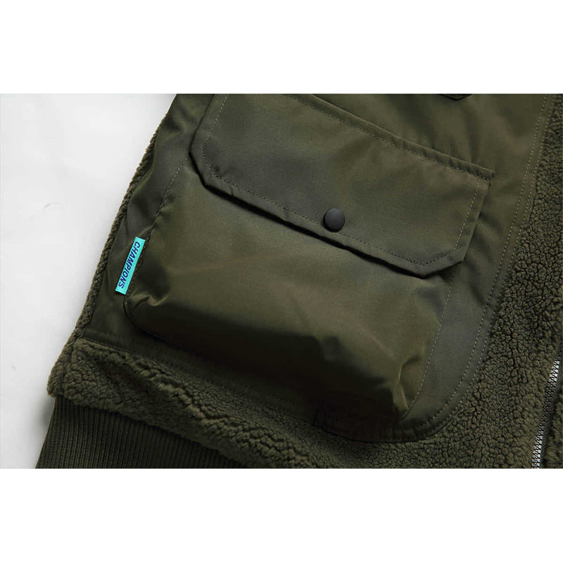 IMITATION SHERPA FAKE VEST PATCHWORK MULTI-POCKET COTTON COAT