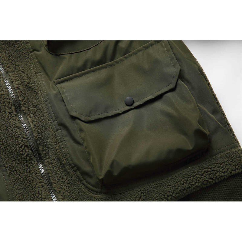 IMITATION SHERPA FAKE VEST PATCHWORK MULTI-POCKET COTTON COAT