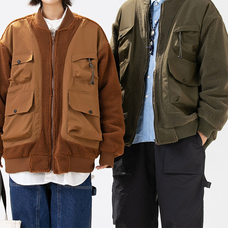 IMITATION SHERPA FAKE VEST PATCHWORK MULTI-POCKET COTTON COAT