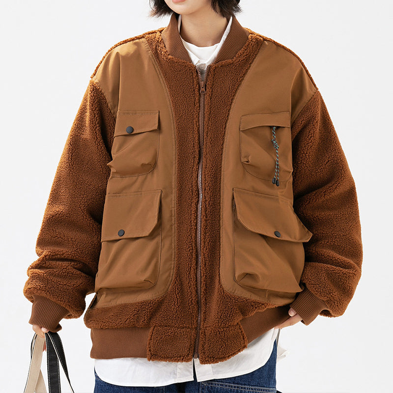 IMITATION SHERPA FAKE VEST PATCHWORK MULTI-POCKET COTTON COAT