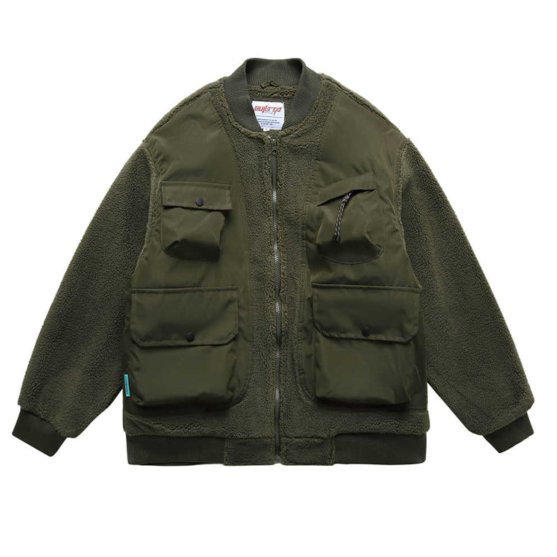 IMITATION SHERPA FAKE VEST PATCHWORK MULTI-POCKET COTTON COAT