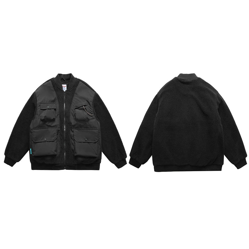 IMITATION SHERPA FAKE VEST PATCHWORK MULTI-POCKET COTTON COAT