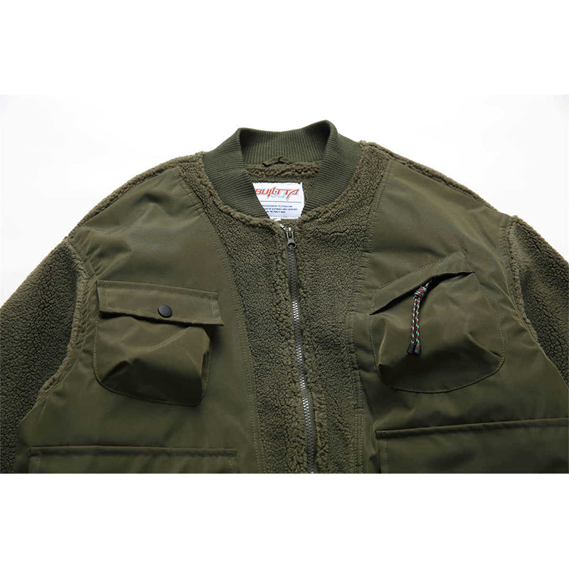 IMITATION SHERPA FAKE VEST PATCHWORK MULTI-POCKET COTTON COAT