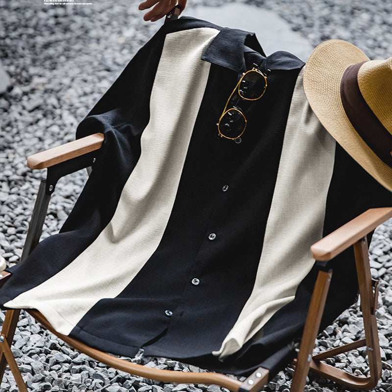 PANELED OVERSTRIPED CUBAN COLLAR SHIRT