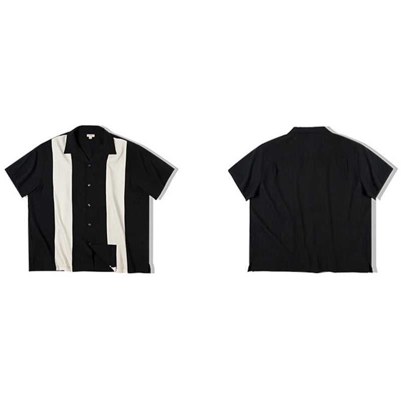 PANELED OVERSTRIPED CUBAN COLLAR SHIRT