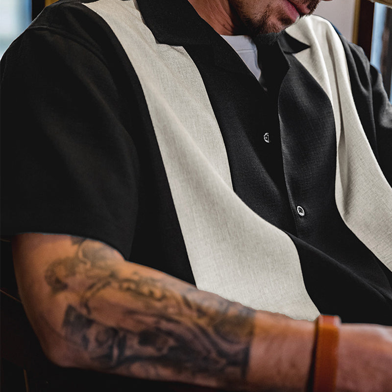 PANELED OVERSTRIPED CUBAN COLLAR SHIRT