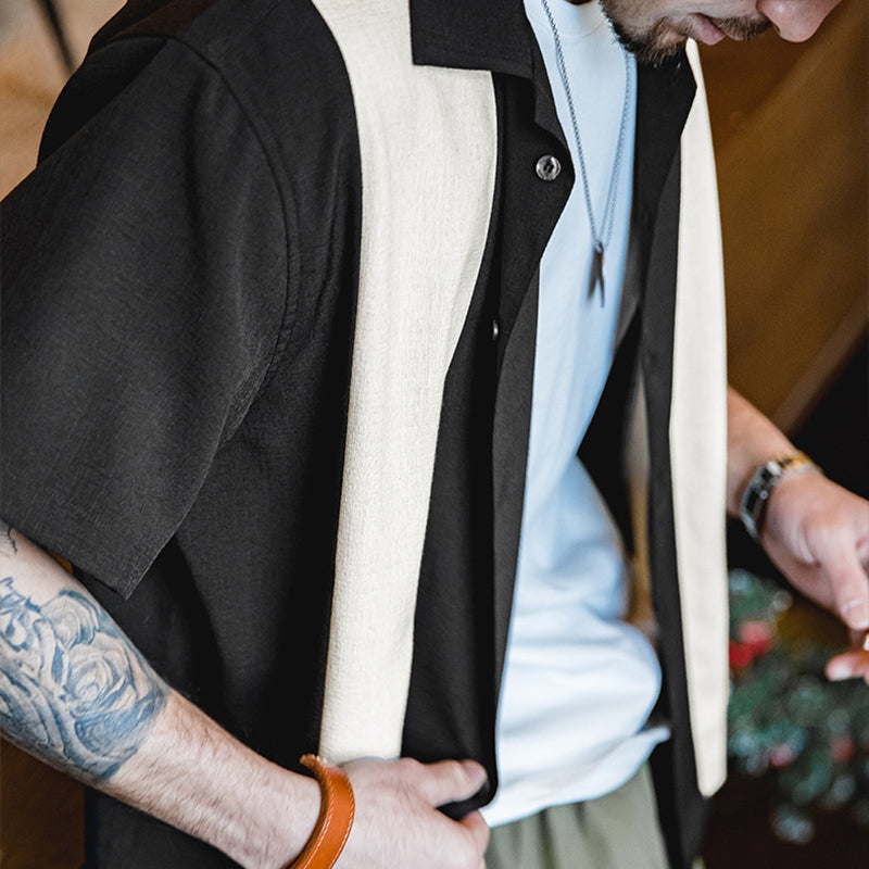 PANELED OVERSTRIPED CUBAN COLLAR SHIRT