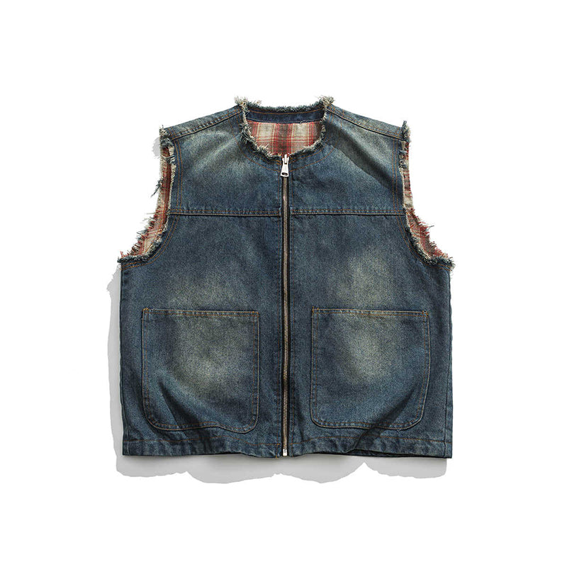 RETRO COWBOY BLUE DENIM VEST IN 2-SIDE WEAR