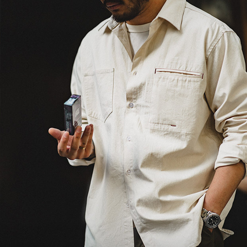 RETRO NATIVE WHITE COTTONSEED PARTICLES LAPEL LONG-SLEEVED SHIRT