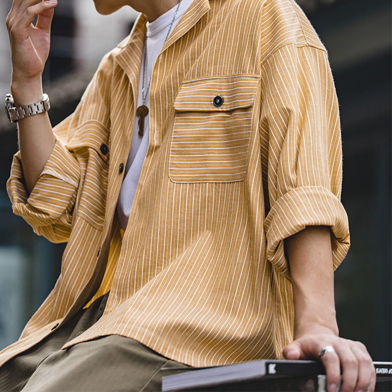 RETRO STRIPED CUBAN COLLAR SHIRT