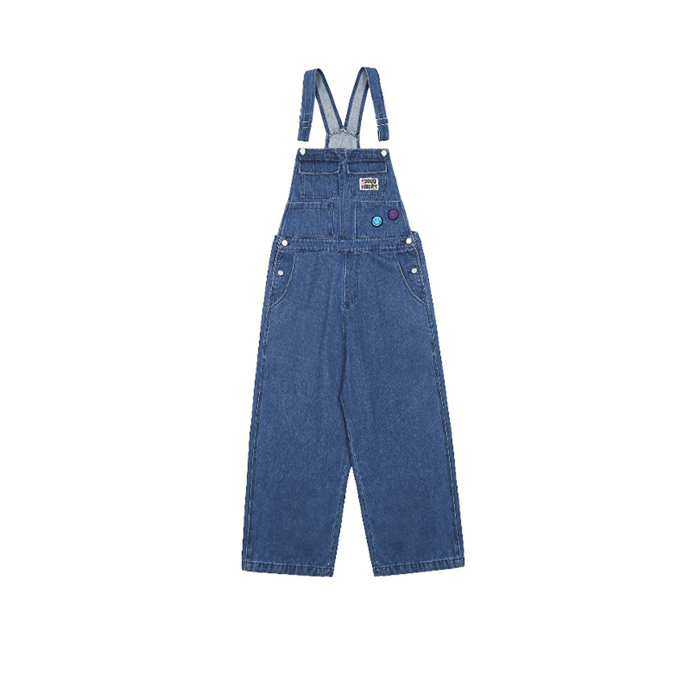 smiley-badge-print-denim-casual-wide-leg-suspenders