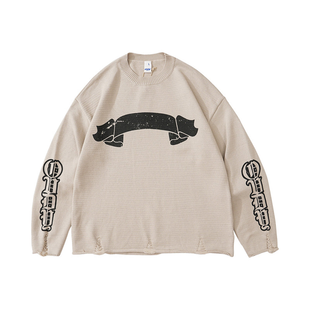 390G RIPPED KNITTED ARM PRINT WOOL TERRY SWEATER