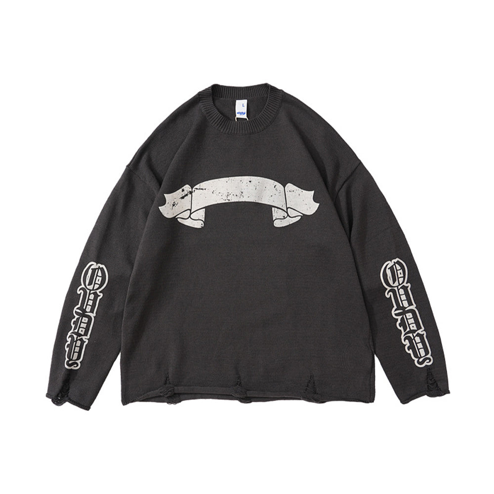 390G RIPPED KNITTED ARM PRINT WOOL TERRY SWEATER