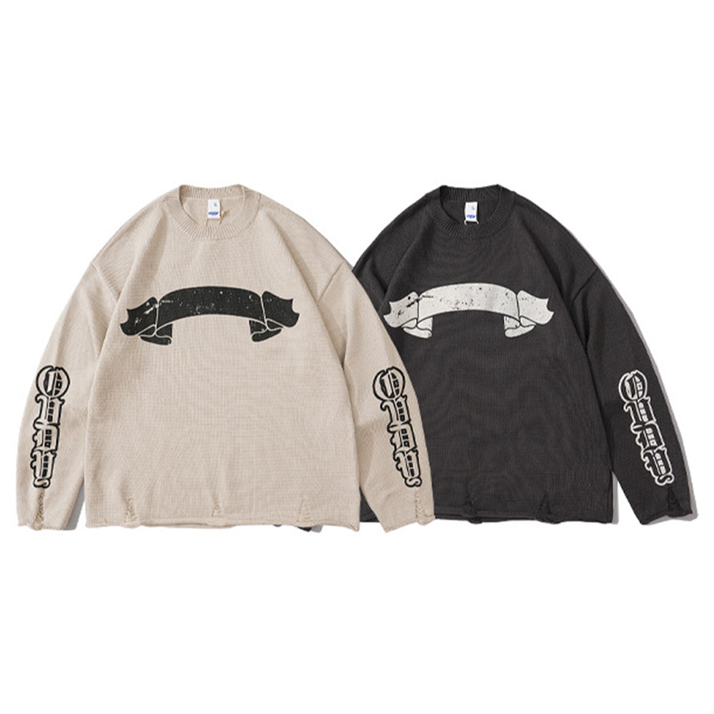 390G RIPPED KNITTED ARM PRINT WOOL TERRY SWEATER