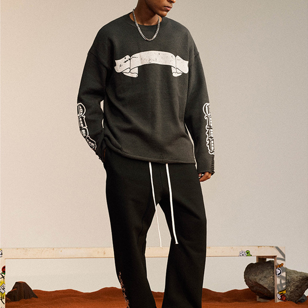 390G RIPPED KNITTED ARM PRINT WOOL TERRY SWEATER