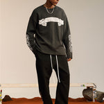 Load image into Gallery viewer, 390G RIPPED KNITTED ARM PRINT WOOL TERRY SWEATER
