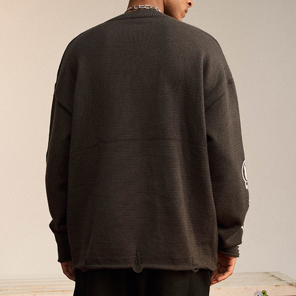 390G RIPPED KNITTED ARM PRINT WOOL TERRY SWEATER