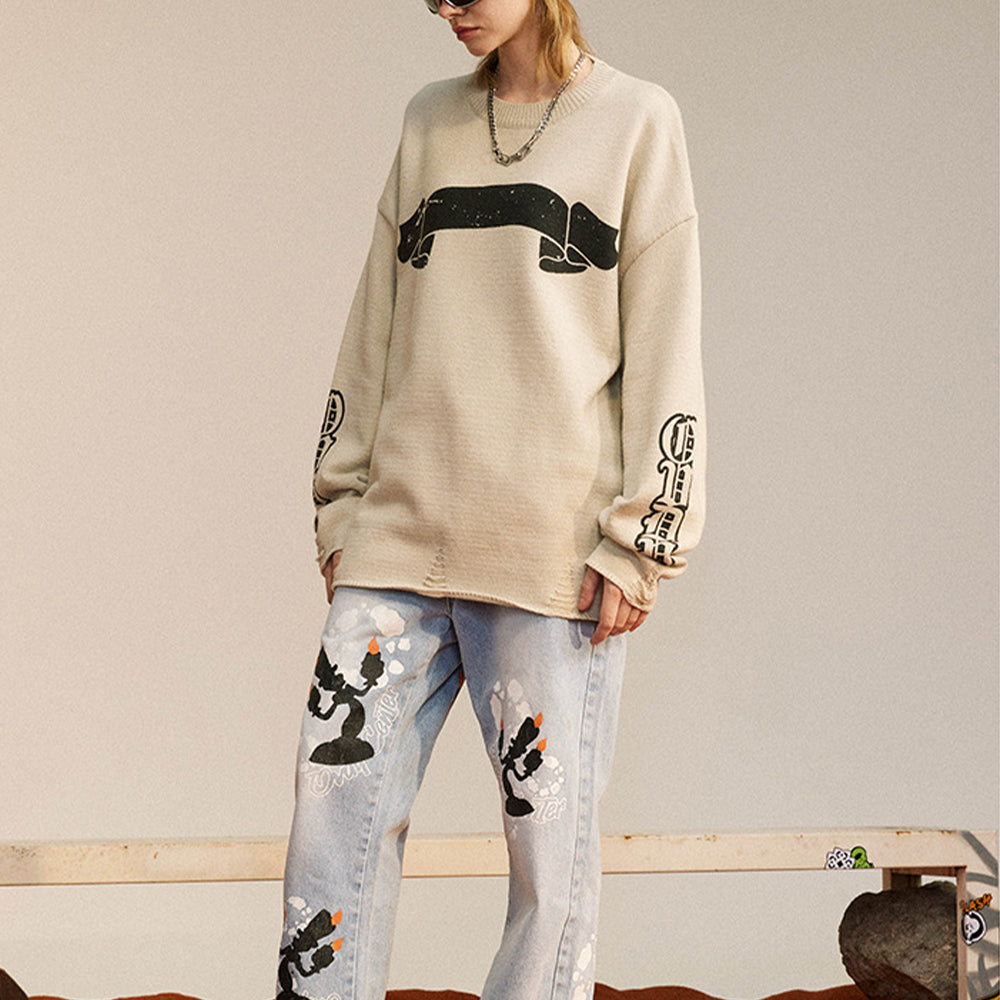 390G RIPPED KNITTED ARM PRINT WOOL TERRY SWEATER