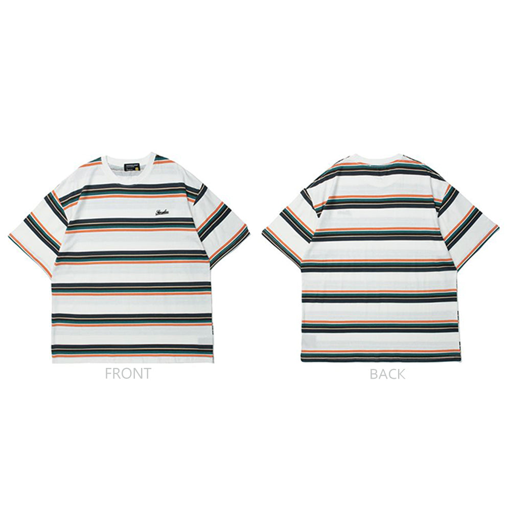 EMBROIDERED LETTER STRIPED ILLUSION TEE