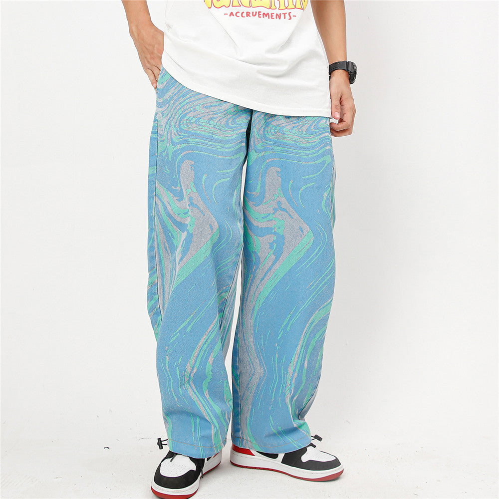 HARAJUKU TIE-DYE WASHED DENIM DRAWSTRING PANTS