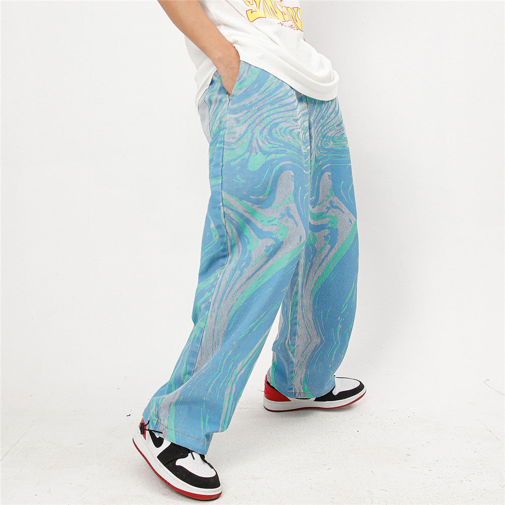 HARAJUKU TIE-DYE WASHED DENIM DRAWSTRING PANTS