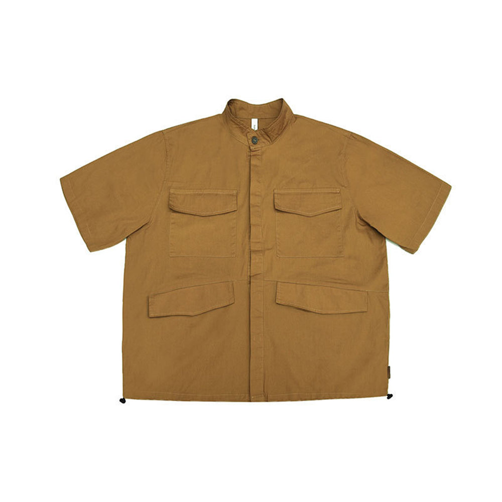 MULTI POCKET DRAWSTRING BASEBALL COLLAR SHORT SLEEVE SHIRT