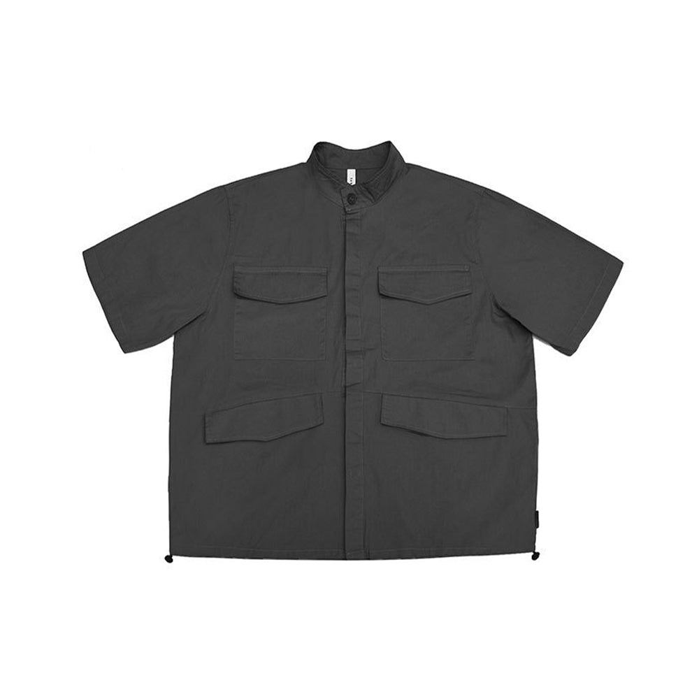MULTI POCKET DRAWSTRING BASEBALL COLLAR SHORT SLEEVE SHIRT