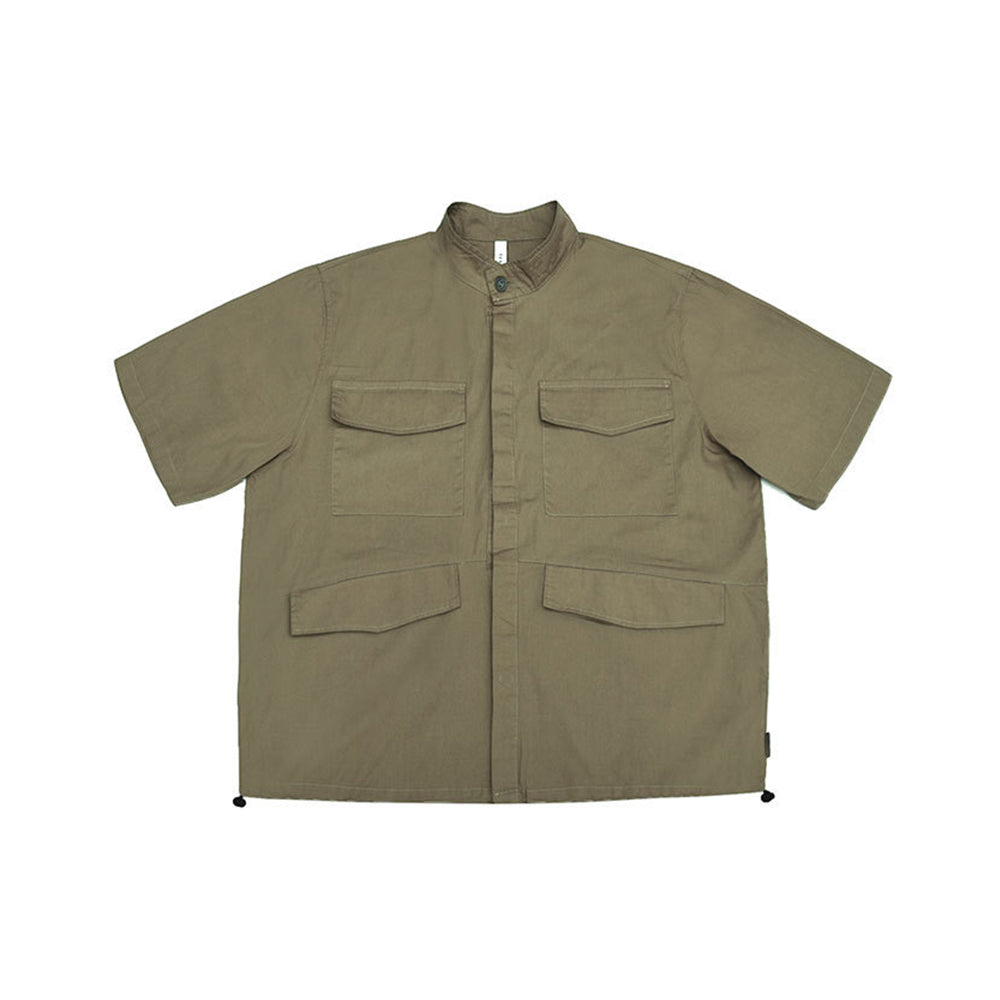 MULTI POCKET DRAWSTRING BASEBALL COLLAR SHORT SLEEVE SHIRT