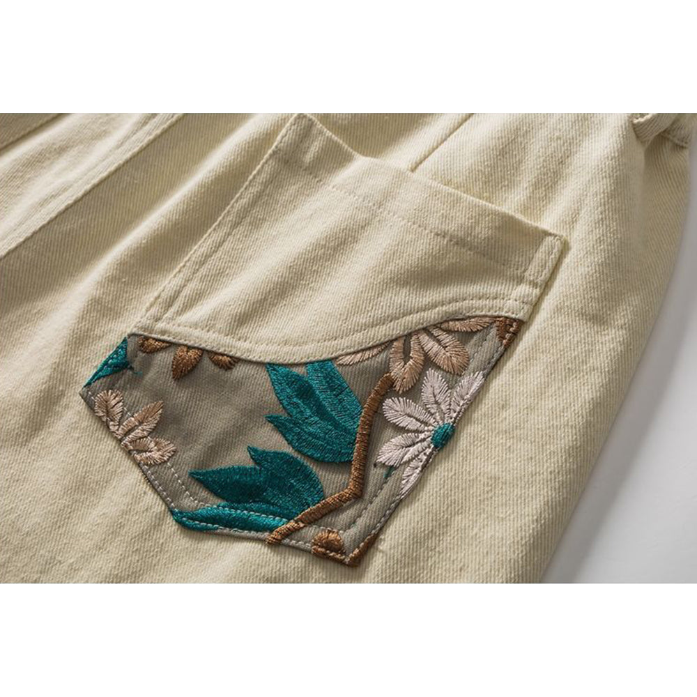 PANELED EMBROIDERED KNEE SHORTS