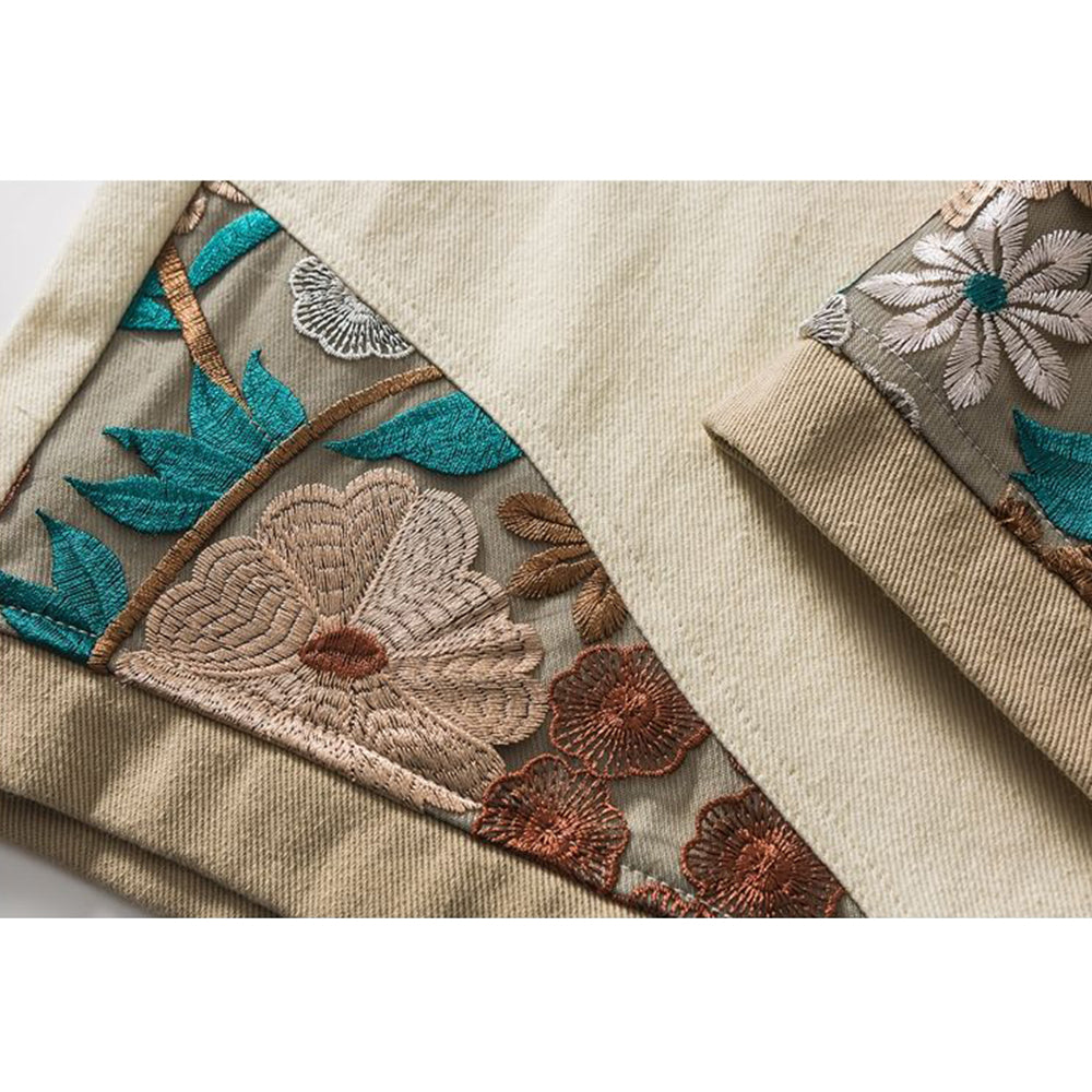 PANELED EMBROIDERED KNEE SHORTS