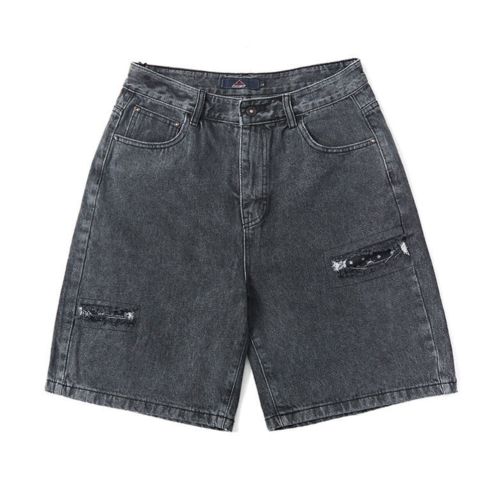 SHREDDED WASHED DENIM KNEE SHORTS DARK GREY JEAN PANTS