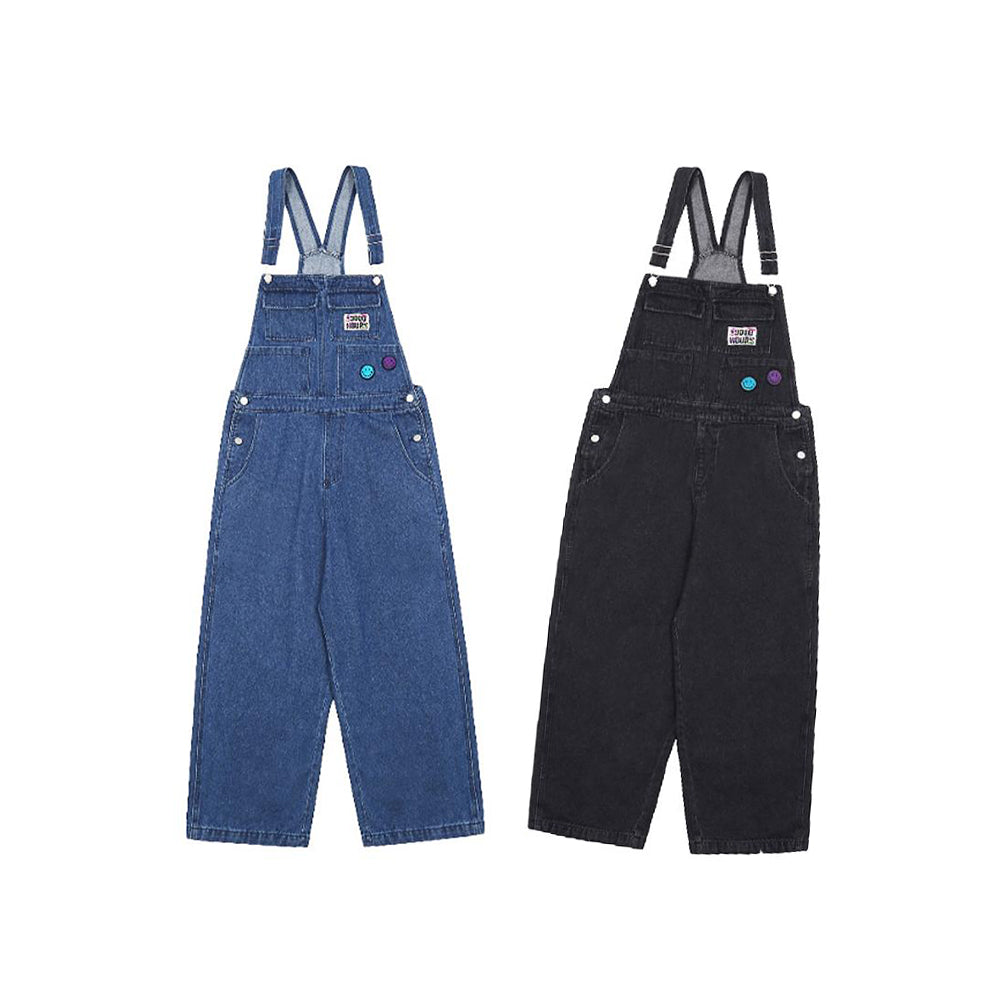 SMILEY BADGE PRINT DENIM CASUAL WIDE-LEG SUSPENDERS